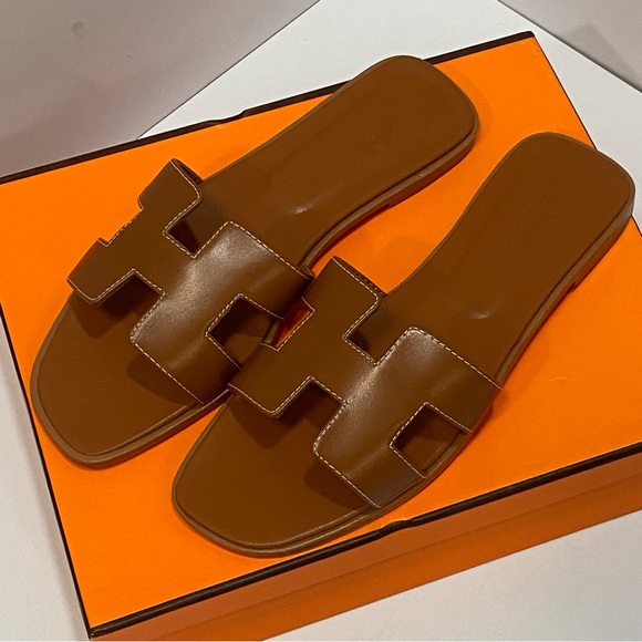 Hermes Brown Leather Slide Sandals - Picture 1 of 6